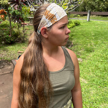 Load image into Gallery viewer, Hawaiian Puakenikeni and pikake lei print headwrap headband shown with a long ponytail