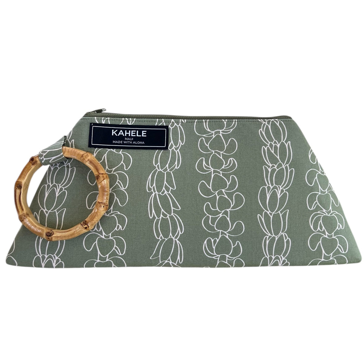 Kahele Maui Mai Tai Clutch - Sage Green Puakenikeni Lei Bamboo Handle