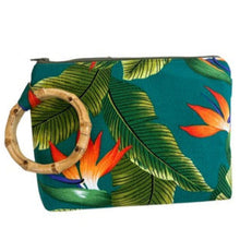 Load image into Gallery viewer, Teal natural bamboo wristlet with bright bird of paradise flowers and leaves