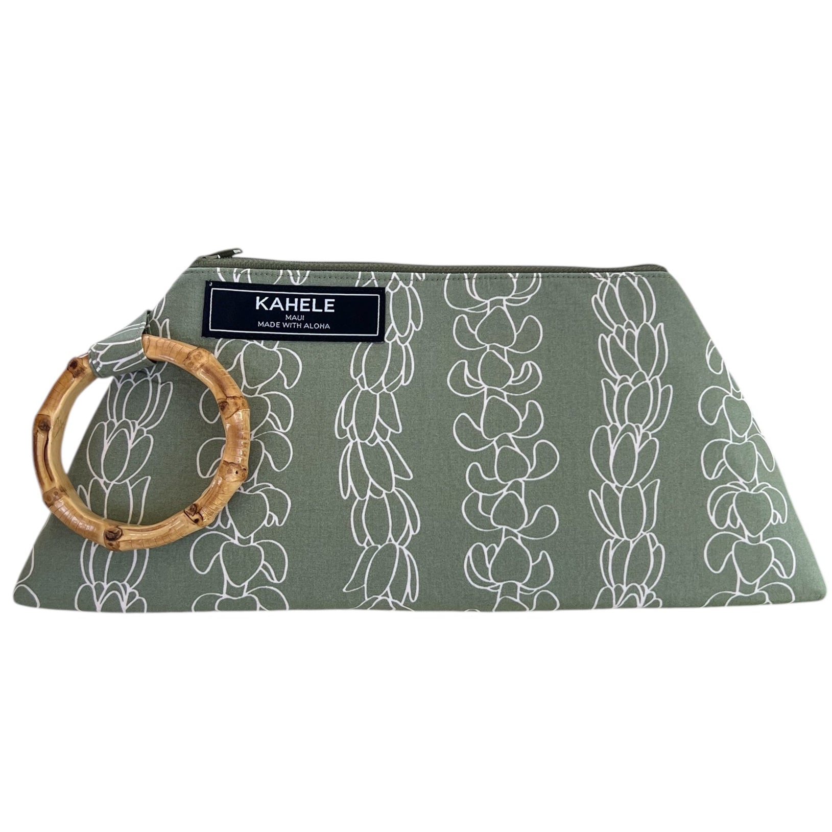 Kahele Maui Mai Tai Clutch - Sage Green Puakenikeni Lei Bamboo Handle