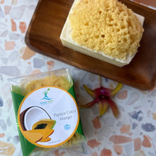 Load image into Gallery viewer, A blend of Papaya, Coconut, and Mango scented soap with a natural sea sponge attached for luxurious bathing.
