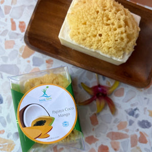 A blend of Papaya, Coconut, and Mango scented soap with a natural sea sponge attached for luxurious bathing.