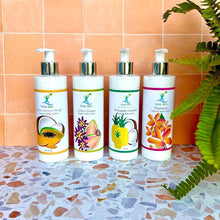 Load image into Gallery viewer, A selection of 4 8.5 oz Lotion Scents.  Papaya Coconut Mango, Lilikoi Guava, Pineapple Coconut, Plumeria
